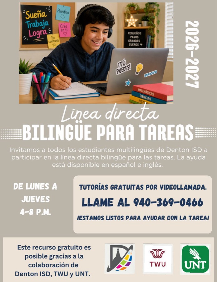 Volante 2026-2027 de la L&iacute;nea directa biling&uuml;e para tareas: de lunes a jueves, 4 a 8 p.m., tutor&iacute;as gratuitas por videollamada, llame al 940-369-0466.
